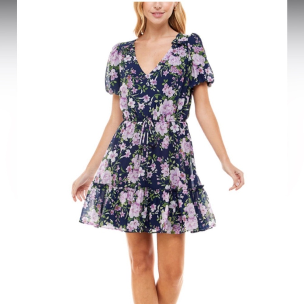 Crystal Doll Navy and Purple Floral Mini Dress